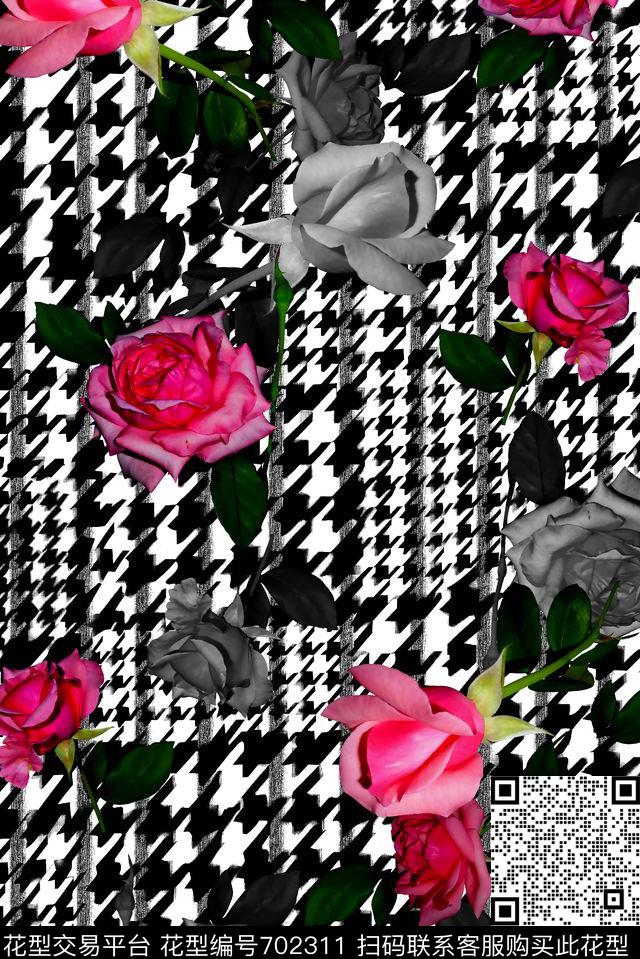 抽象手绘满版玫瑰花卉最新高清数码花卉千鸟格数码印花华亿平台下载（图片编号: 702311） - 瓦栏（Walan）