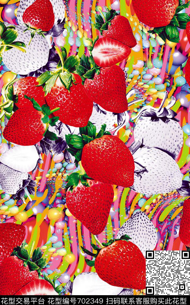 热带风草莓条纹底板数码印花华亿平台下载（图片编号: 702349） - 瓦栏（Walan）