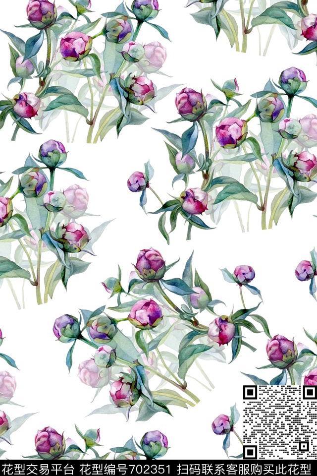 水彩花卉花骨朵数码印花华亿平台下载（图片编号: 702351） - 瓦栏（Walan）