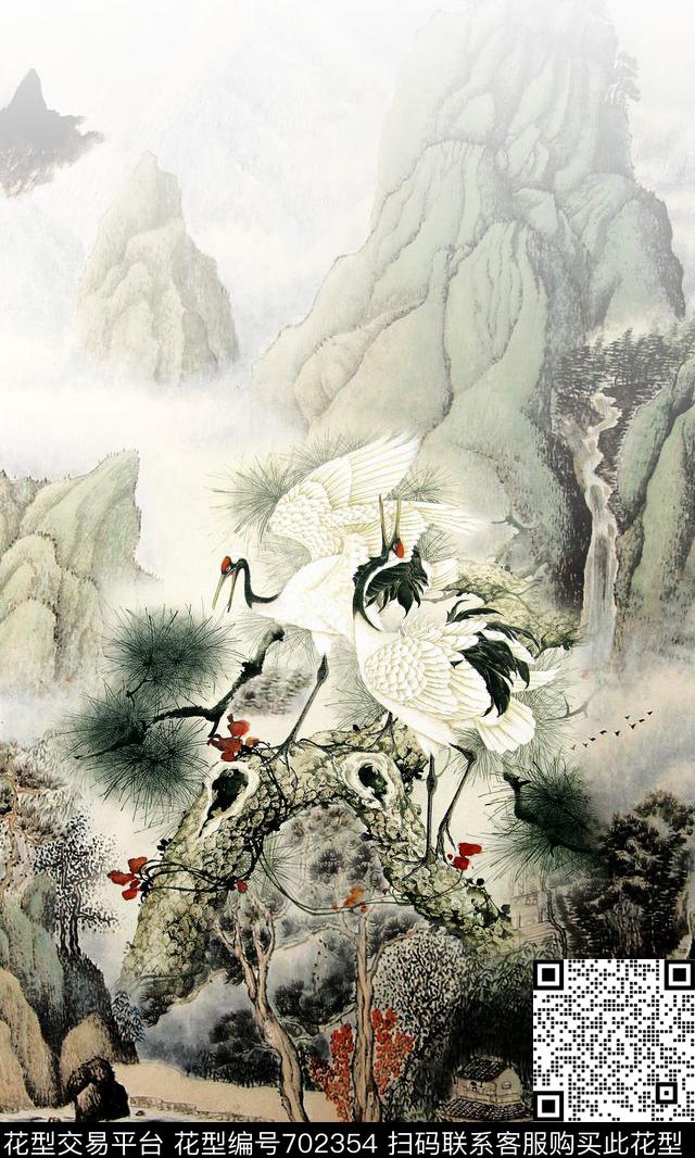 仙鹤国画水墨数码印花华亿平台下载（图片编号: 702354） - 瓦栏（Walan）