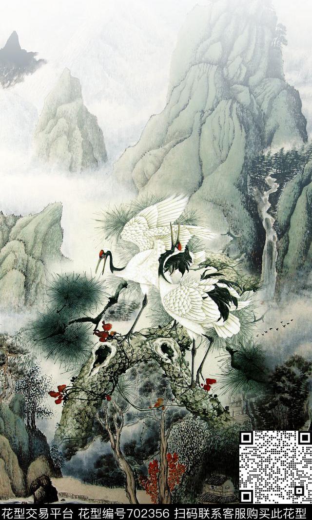 仙鹤国画水墨数码印花华亿平台下载（图片编号: 702356） - 瓦栏（Walan）