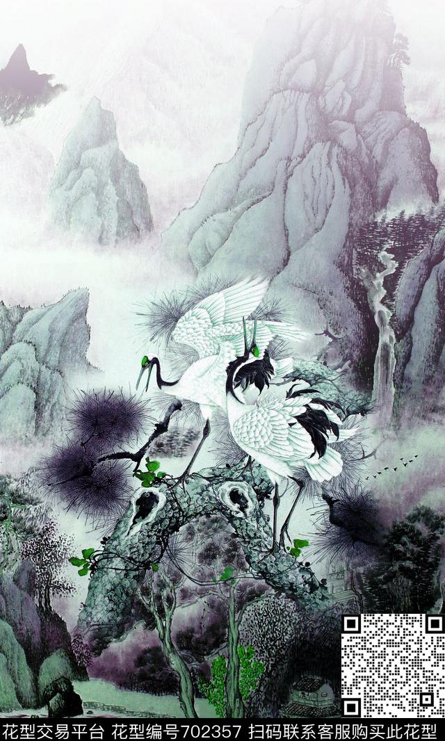 仙鹤国画水墨数码印花华亿平台下载（图片编号: 702357） - 瓦栏（Walan）