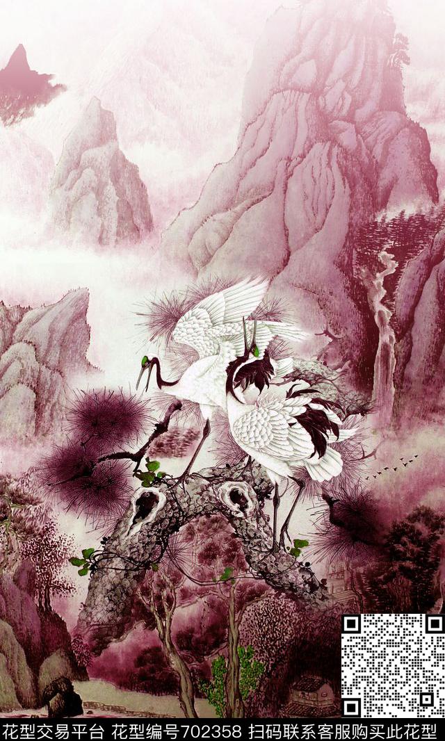 仙鹤国画水墨数码印花华亿平台下载（图片编号: 702358） - 瓦栏（Walan）