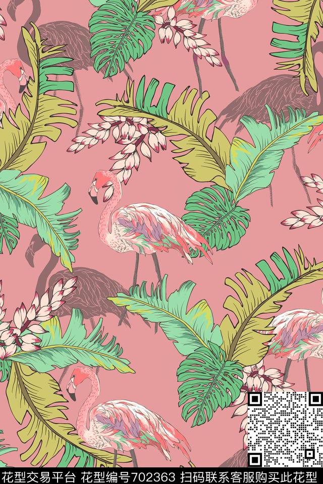 花鸟火烈鸟趣味数码印花华亿平台下载（图片编号: 702363） - 瓦栏（Walan）