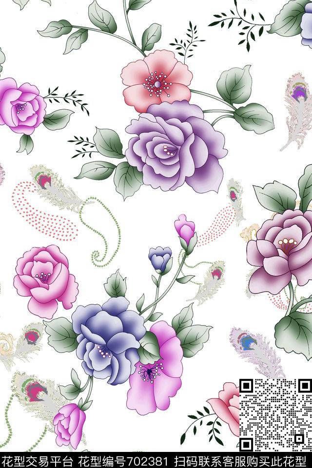 花朵花卉羽毛数码印花华亿平台下载（图片编号: 702381） - 瓦栏（Walan）