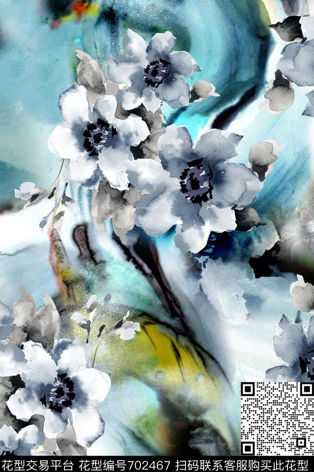 花朵花卉水墨数码印花华亿平台下载（图片编号: 702467） - 瓦栏（Walan）
