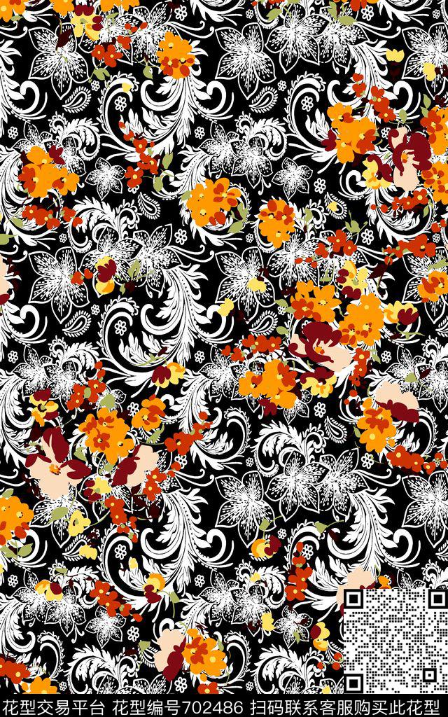 卷草抽象色块花朵数码印花华亿平台下载（图片编号: 702486） - 瓦栏（Walan）