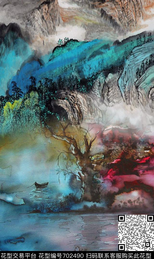 水墨国画手绘数码印花华亿平台下载（图片编号: 702490） - 瓦栏（Walan）