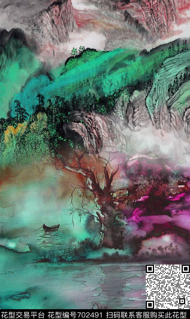 水墨国画手绘数码印花华亿平台下载（图片编号: 702491） - 瓦栏（Walan）