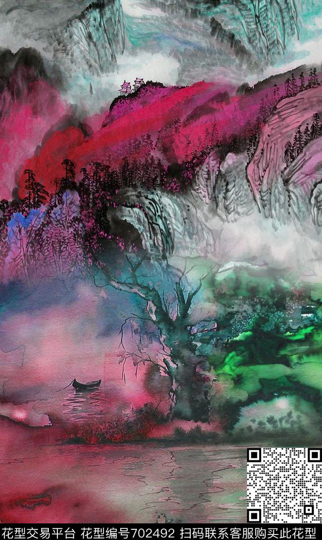 水墨国画手绘数码印花华亿平台下载（图片编号: 702492） - 瓦栏（Walan）