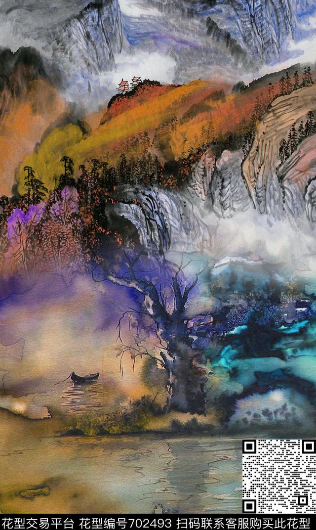 水墨国画手绘数码印花华亿平台下载（图片编号: 702493） - 瓦栏（Walan）