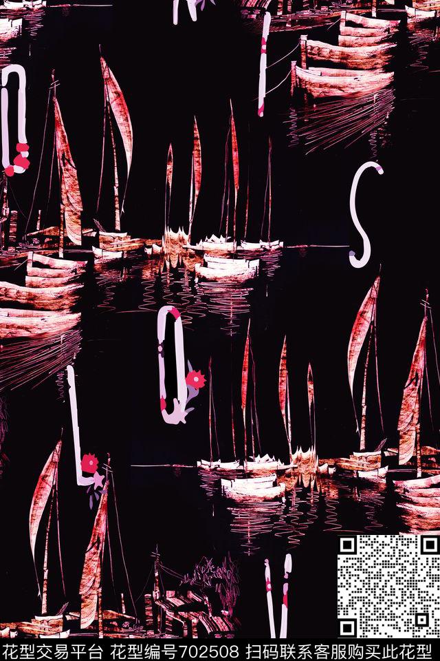 字母帆船趣味数码印花华亿平台下载（图片编号: 702508） - 瓦栏（Walan）