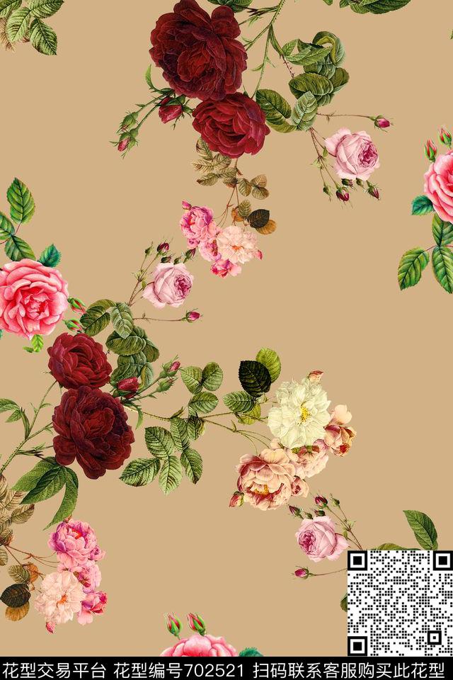 玫瑰花卉油画花数码印花华亿平台下载（图片编号: 702521） - 瓦栏（Walan）