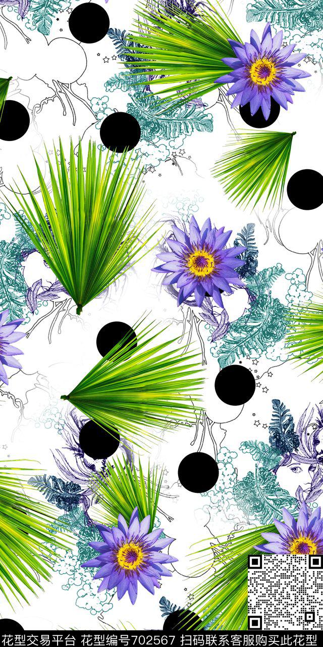 波点钢笔画棕榈叶数码印花华亿平台下载（图片编号: 702567） - 瓦栏（Walan）