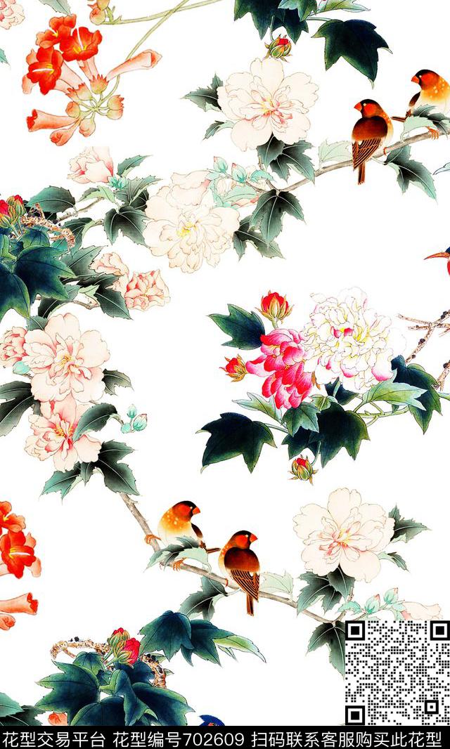中国风牡丹花鸟数码印花华亿平台下载（图片编号: 702609） - 瓦栏（Walan）