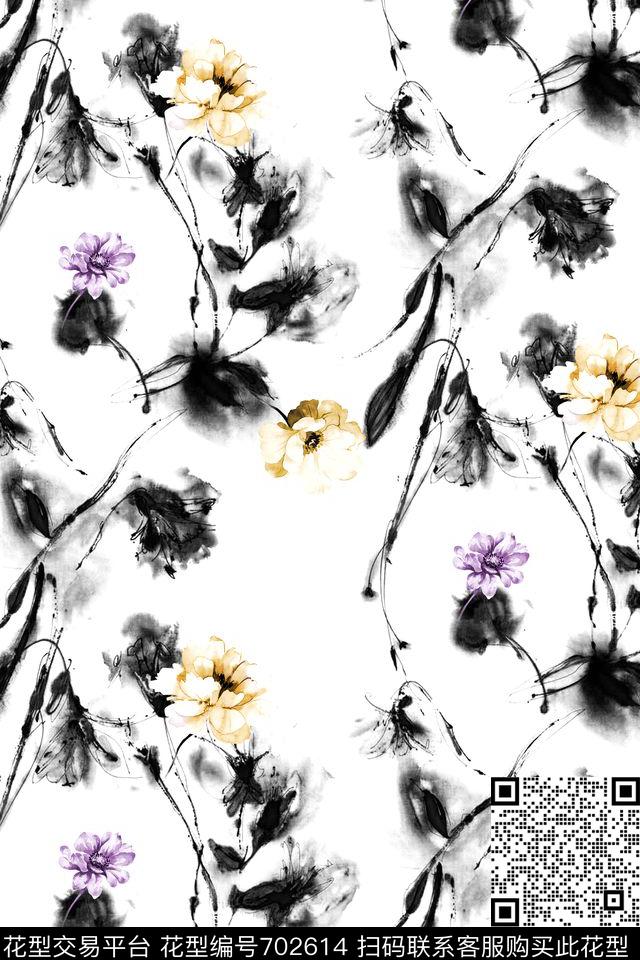 流行时尚花卉水墨数码印花华亿平台下载（图片编号: 702614） - 瓦栏（Walan）