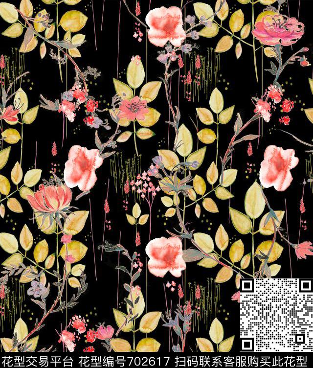 水彩花卉笔触枝叶数码印花华亿平台下载（图片编号: 702617） - 瓦栏（Walan）