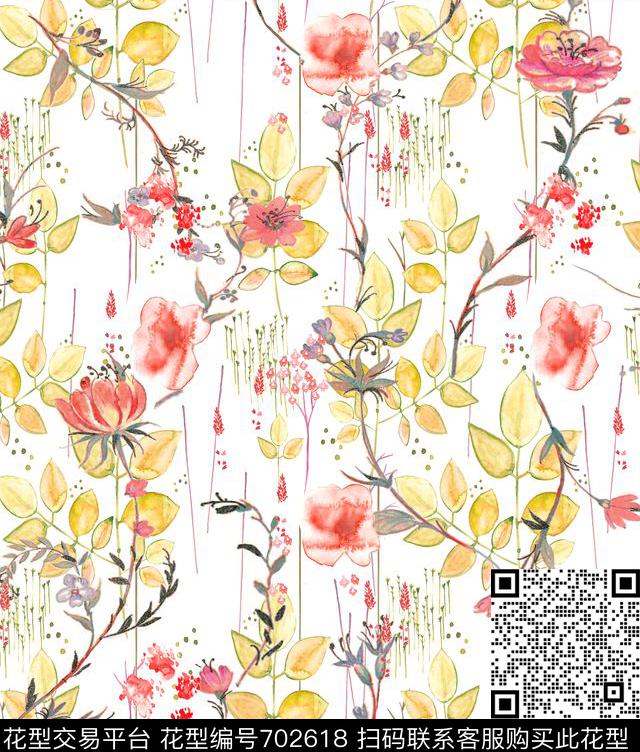 水彩花卉笔触枝叶数码印花华亿平台下载（图片编号: 702618） - 瓦栏（Walan）