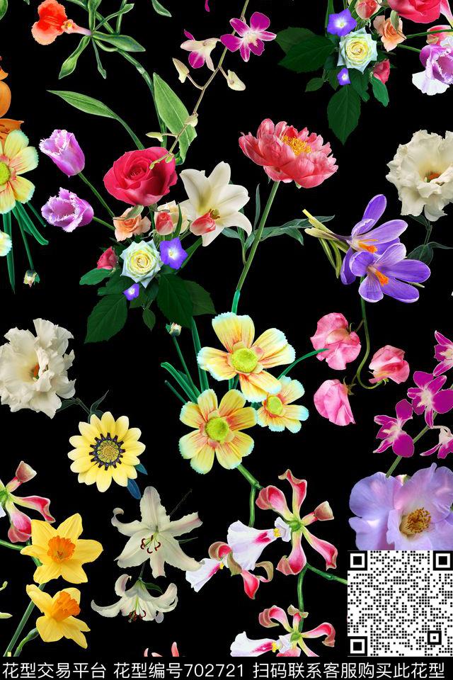 花朵团花黑底数码印花华亿平台下载（图片编号: 702721） - 瓦栏（Walan）