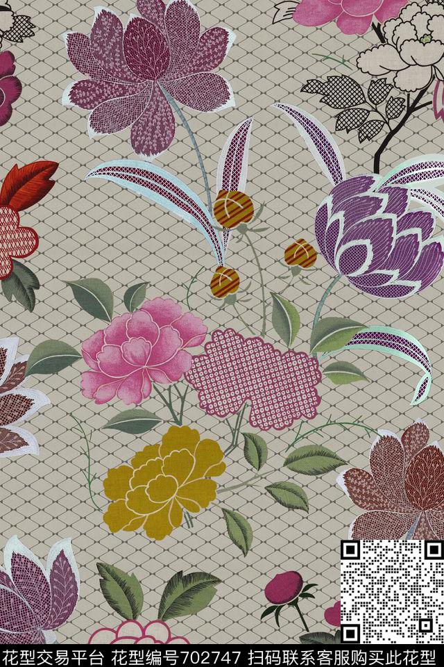 几何格子花卉数码印花华亿平台下载（图片编号: 702747） - 瓦栏（Walan）
