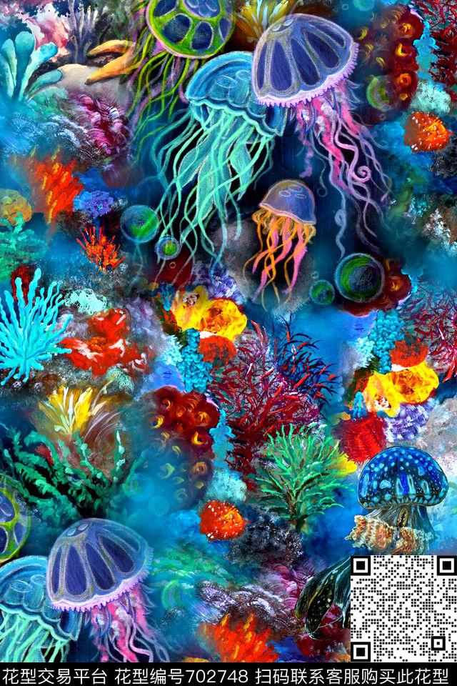 热带海洋水母数码印花华亿平台下载（图片编号: 702748） - 瓦栏（Walan）