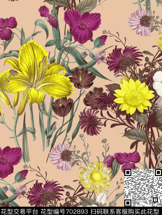 花卉漂亮色彩大牌数码印花华亿平台下载（图片编号: 702893） - 瓦栏（Walan）