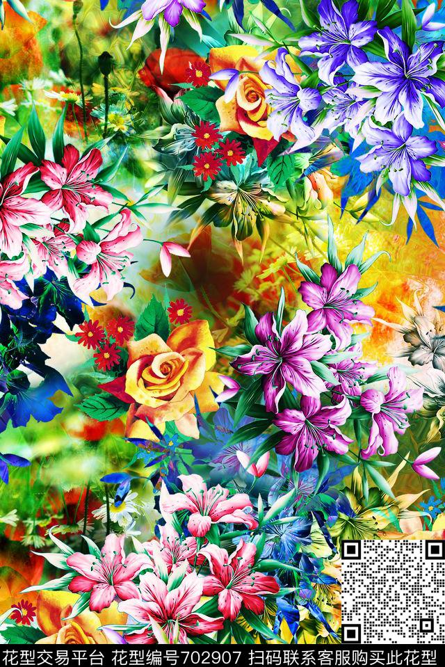 花卉满版组合数码印花华亿平台下载（图片编号: 702907） - 瓦栏（Walan）