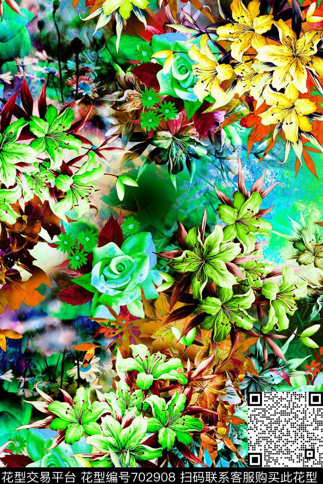 花卉满版组合数码印花华亿平台下载（图片编号: 702908） - 瓦栏（Walan）
