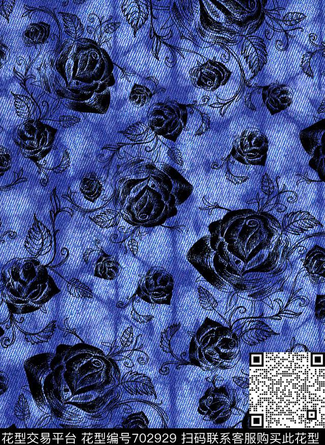 时尚花卉牛仔纹数码印花华亿平台下载（图片编号: 702929） - 瓦栏（Walan）