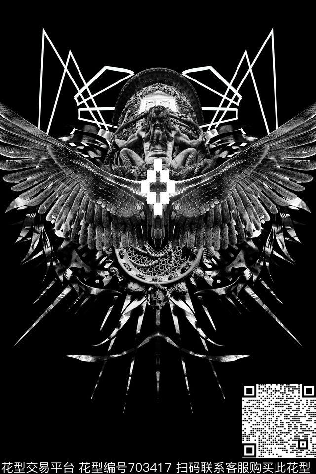 黑白石雕翅膀传统印花华亿平台下载（图片编号: 703417） - 瓦栏（Walan）