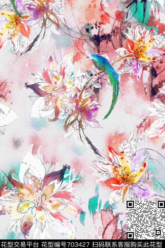 线描手绘花卉数码印花华亿平台下载（图片编号: 703427） - 瓦栏（Walan）