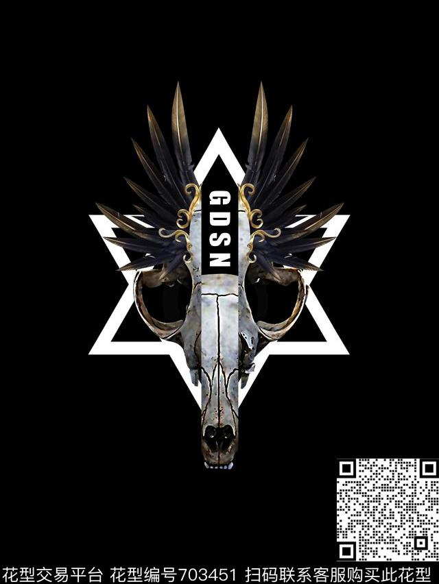 骷髅头羽毛男装T恤数码印花华亿平台下载（图片编号: 703451） - 瓦栏（Walan）