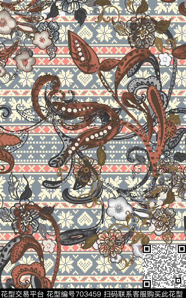 条纹佩斯利腰果传统印花华亿平台下载（图片编号: 703459） - 瓦栏（Walan）