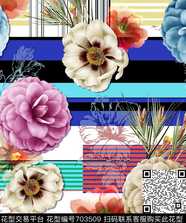 花朵条子底纹隐花数码印花华亿平台下载（图片编号: 703509） - 瓦栏（Walan）