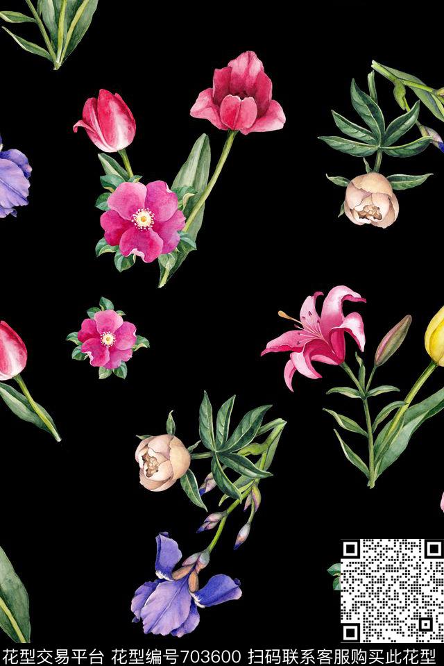 手绘郁金香花卉数码印花华亿平台下载（图片编号: 703600） - 瓦栏（Walan）