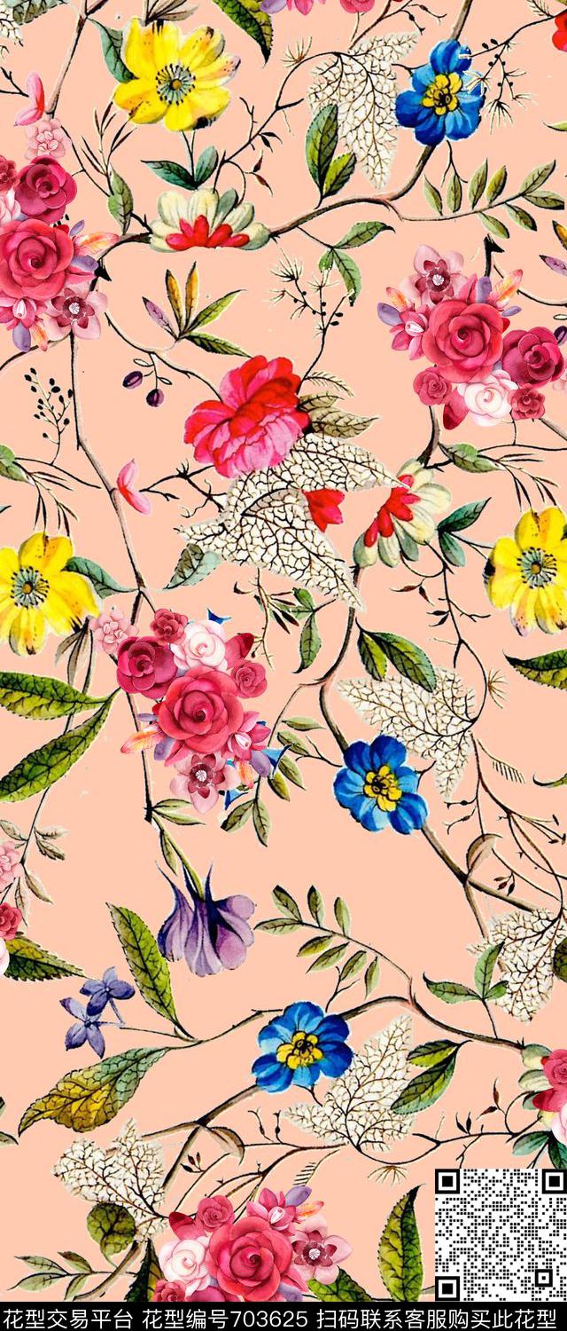 小碎花枝叶乱花数码印花华亿平台下载（图片编号: 703625） - 瓦栏（Walan）