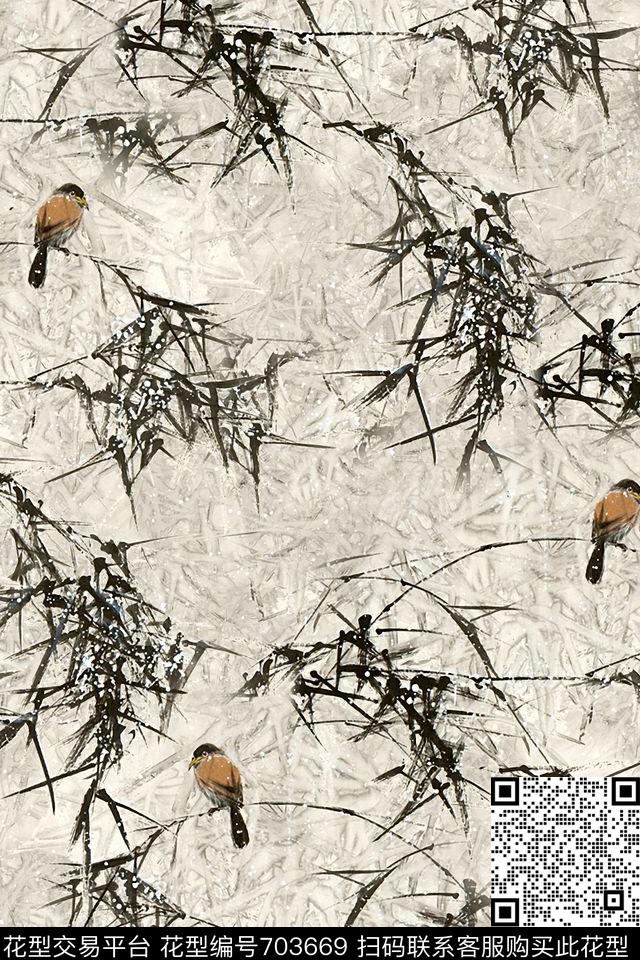 国画竹子花鸟树枝水墨树枝小鸟数码印花华亿平台下载（图片编号: 703669） - 瓦栏（Walan）