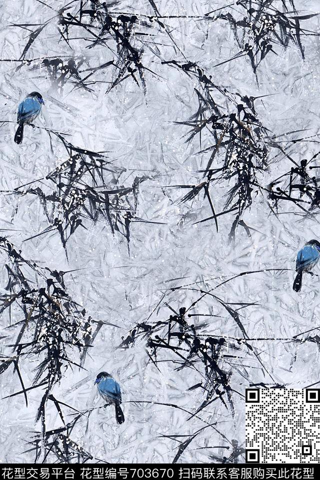 国画竹子花鸟树枝水墨树枝小鸟数码印花华亿平台下载（图片编号: 703670） - 瓦栏（Walan）