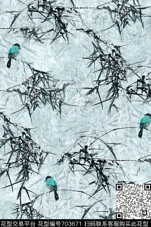 国画竹子花鸟树枝水墨树枝小鸟数码印花华亿平台下载（图片编号: 703671） - 瓦栏（Walan）