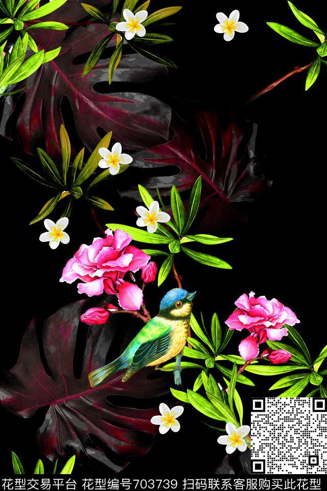 花卉叶子鸟数码印花华亿平台下载（图片编号: 703739） - 瓦栏（Walan）