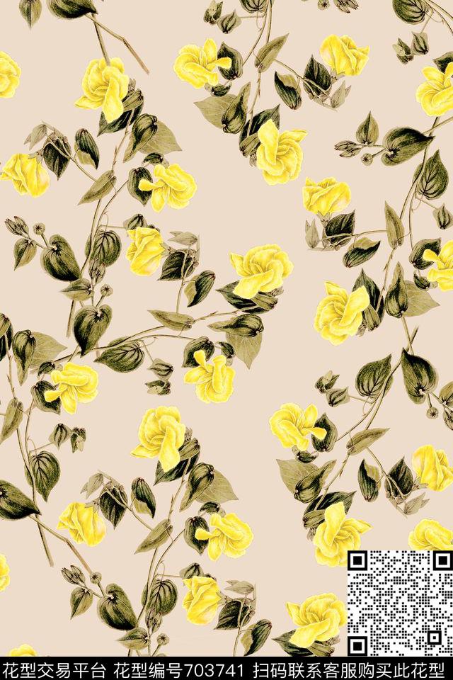 叶子牡丹玫瑰数码印花华亿平台下载（图片编号: 703741） - 瓦栏（Walan）