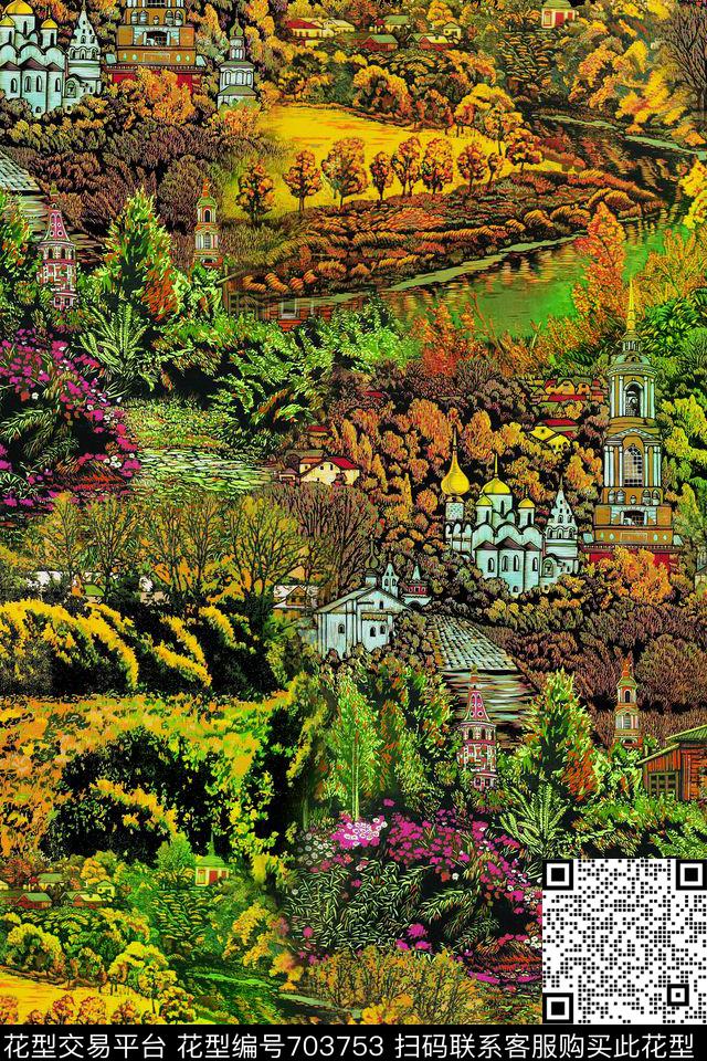 风景建筑田园风数码印花华亿平台下载（图片编号: 703753） - 瓦栏（Walan）