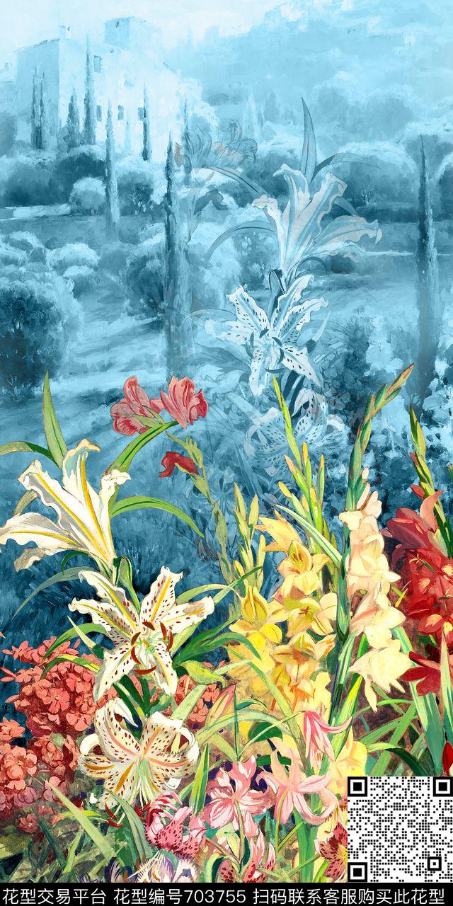 花卉风景油画数码印花华亿平台下载（图片编号: 703755） - 瓦栏（Walan）