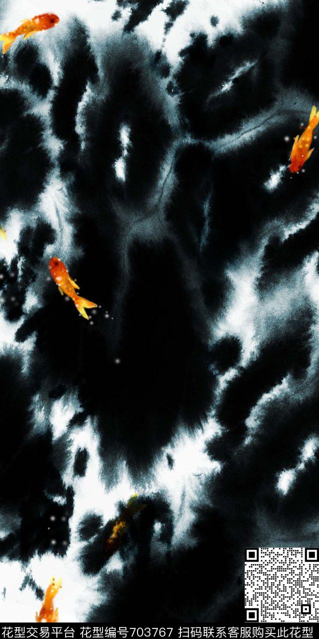 鱼中国风山水画数码印花华亿平台下载（图片编号: 703767） - 瓦栏（Walan）