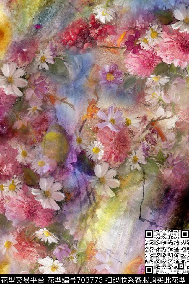 花卉油画抽象底纹数码印花华亿平台下载（图片编号: 703773） - 瓦栏（Walan）