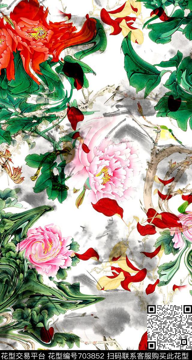 中国风花卉牡丹数码印花华亿平台下载（图片编号: 703852） - 瓦栏（Walan）