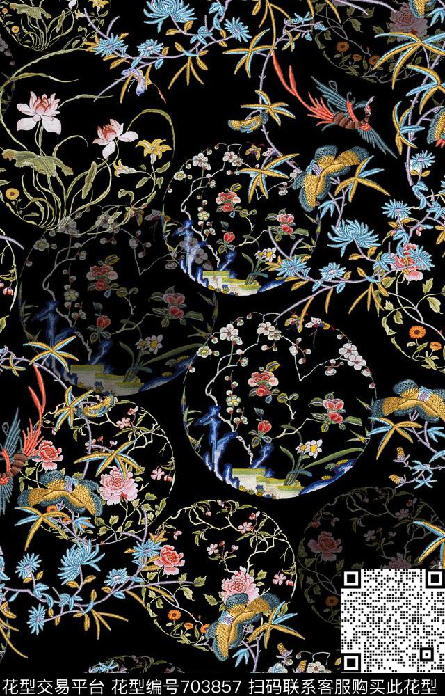 刺绣民族图案圆形刺绣花盘荷花牡丹次序花卉数码印花华亿平台下载（图片编号: 703857） - 瓦栏（Walan）