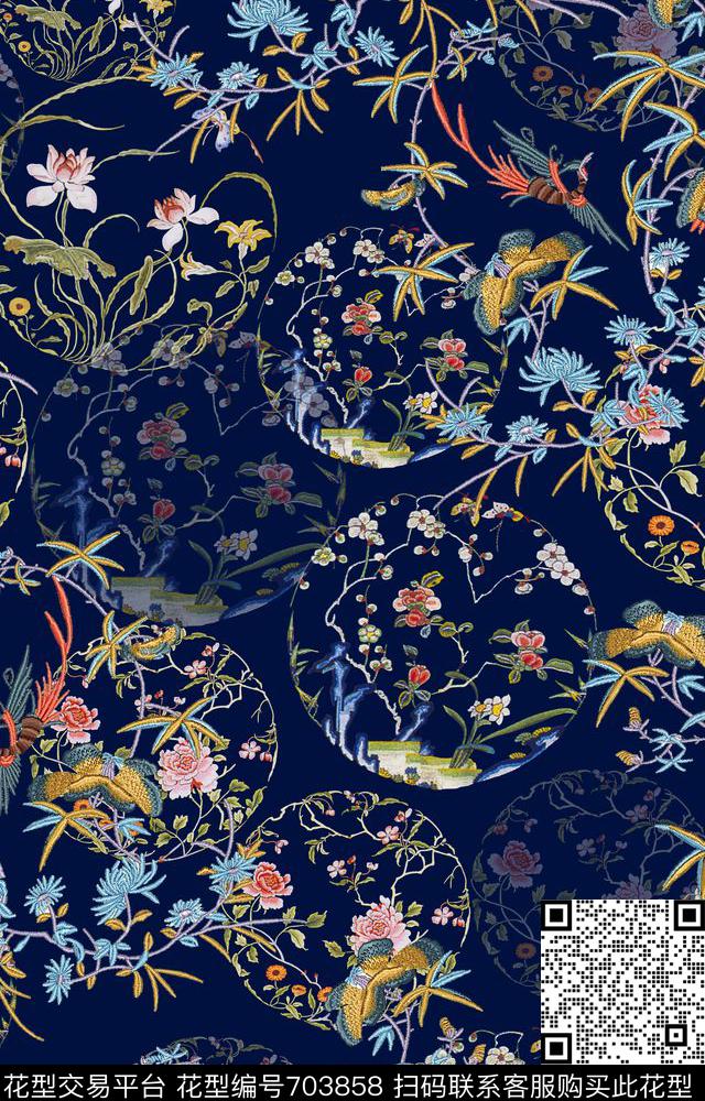 刺绣民族图案圆形刺绣花盘荷花牡丹次序花卉数码印花华亿平台下载（图片编号: 703858） - 瓦栏（Walan）