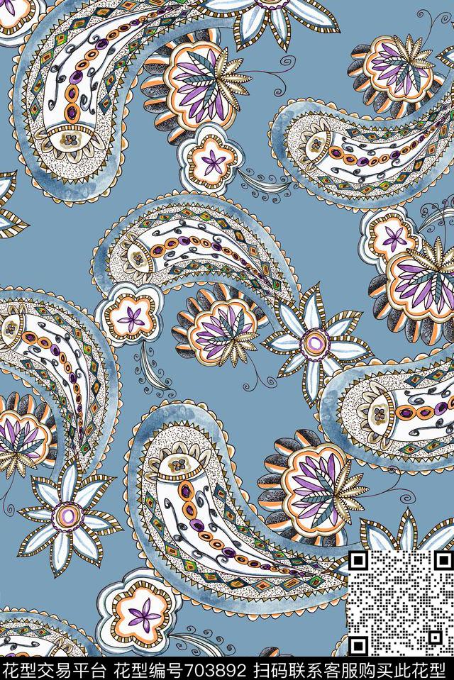 手绘民族佩斯利数码印花华亿平台下载（图片编号: 703892） - 瓦栏（Walan）