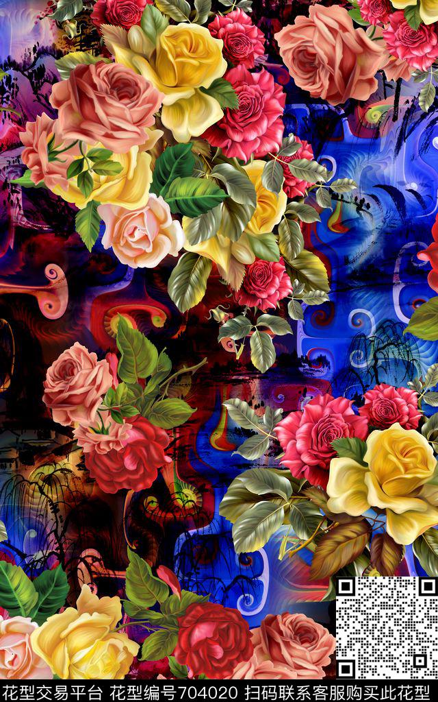 大花花朵炫彩花卉数码印花华亿平台下载（图片编号: 704020） - 瓦栏（Walan）